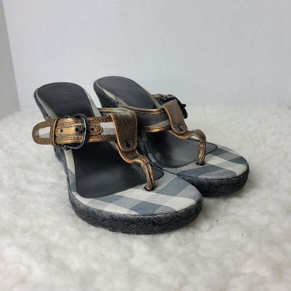 Burberry Womens Size 7.5 Metallic Bronze Leather Wedge Espadrille Thong - Picture 1 of 12